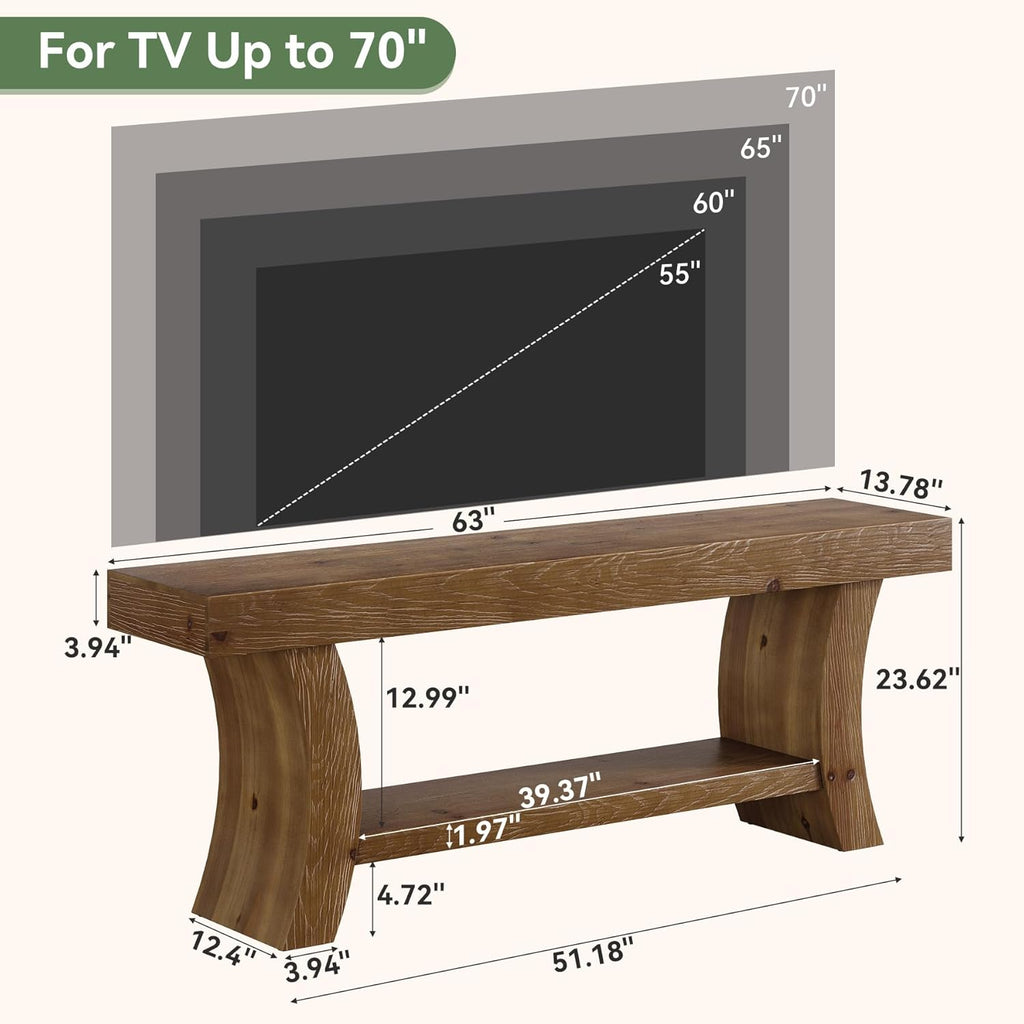 63" Solid Wood TV Stand for 55/60/65/75" TVs, Farmhouse TV Console, Low Entertainment Center with Storage for Living Room, Bedroom (Dark Brown)