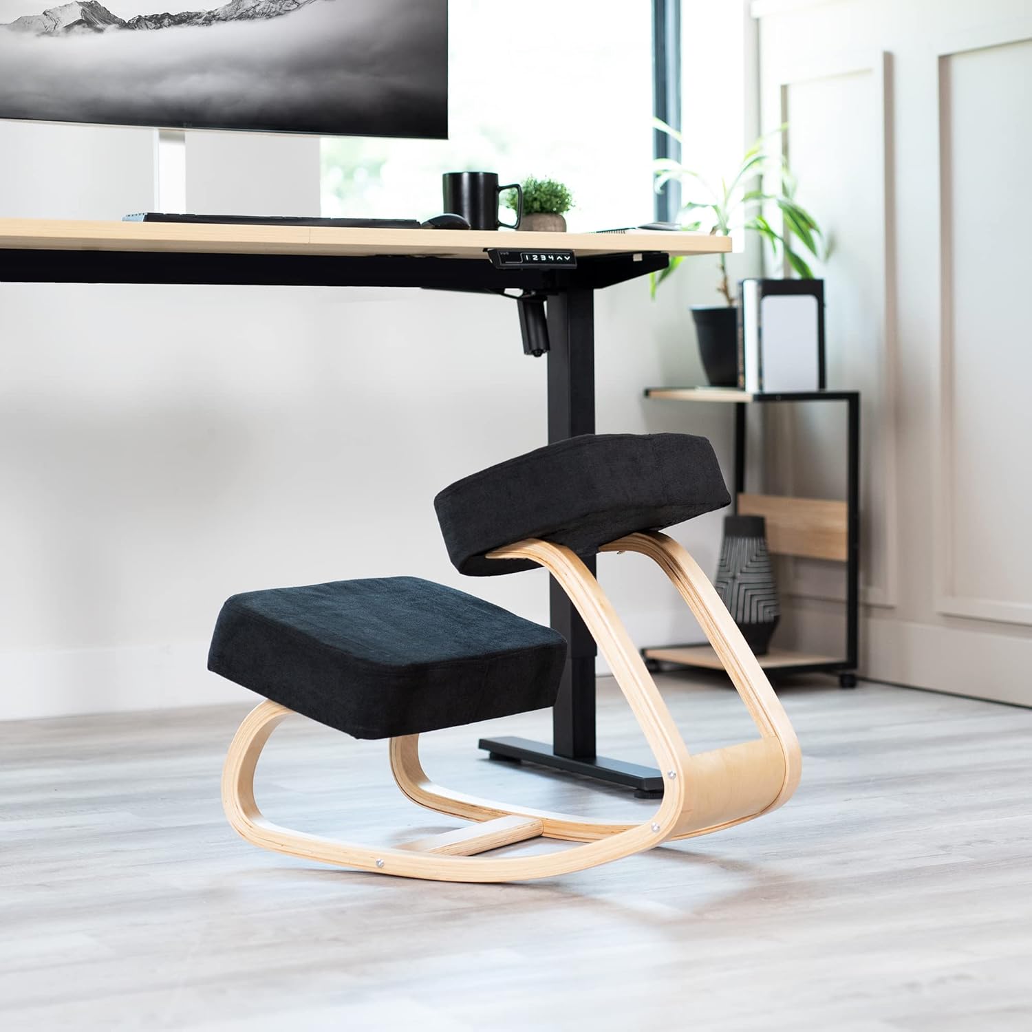 VIVO Wooden Rocking Kneeling Chair, Ergonomic Home Office Stool Posture Seat, Thick Black Cushions, Light Wood Frame, CHAIR-K04R