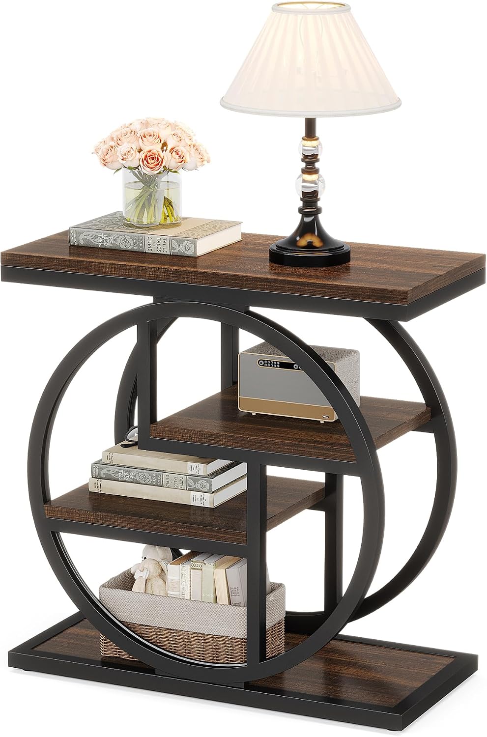Tribesigns End Table for Living Room, Wooden Narrow Side Table with Storage Shelves & Wide Tabletop, Industrial Geometric Bedside Sofa Tables with Metal Frame for Bedroom, Small Spaces, Rustic Brown
