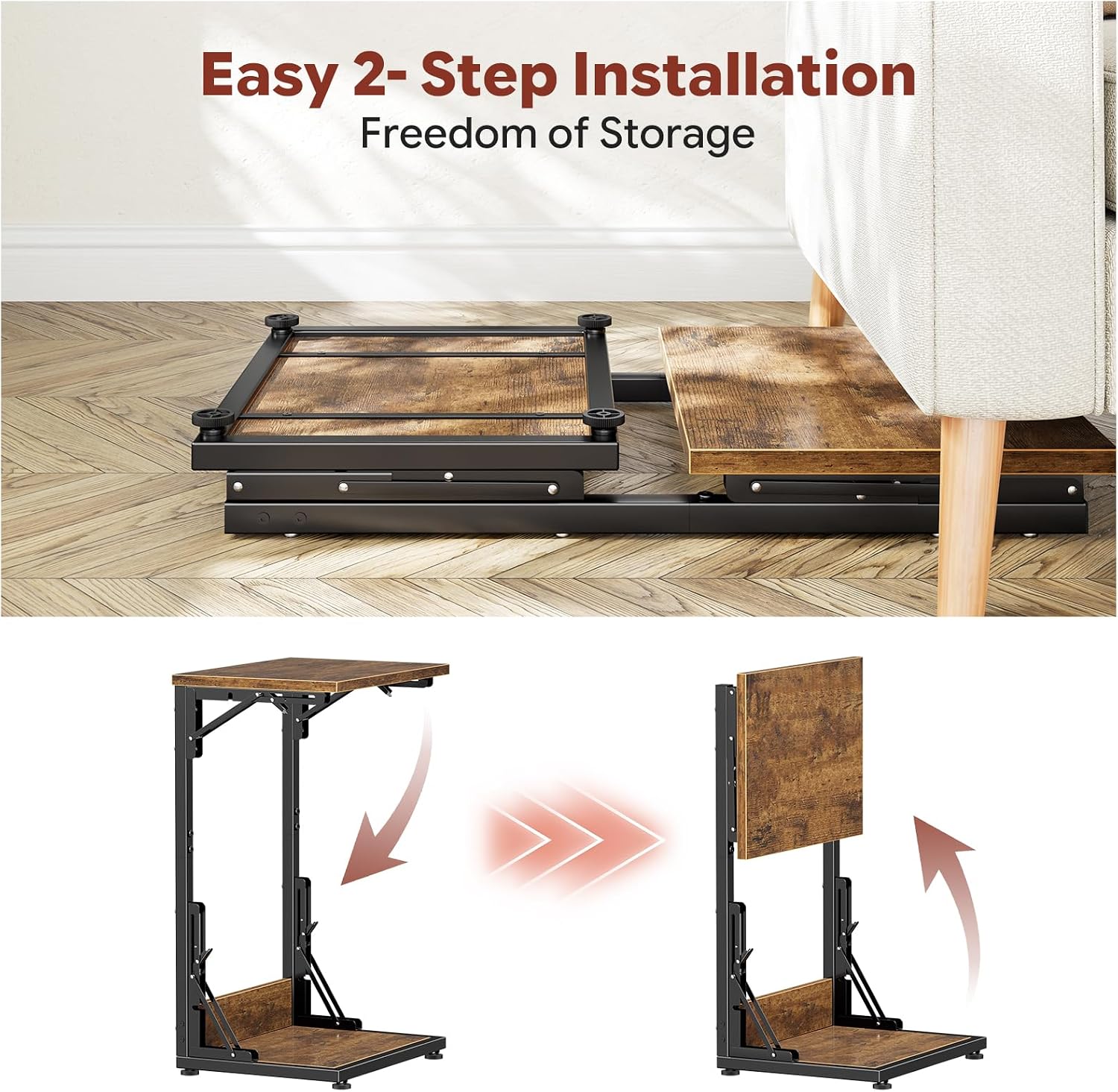 Simple Trending Folding Side Table, C Shaped End Table, TV Tray Couch Table for Living Bedroom, Rustic Brown