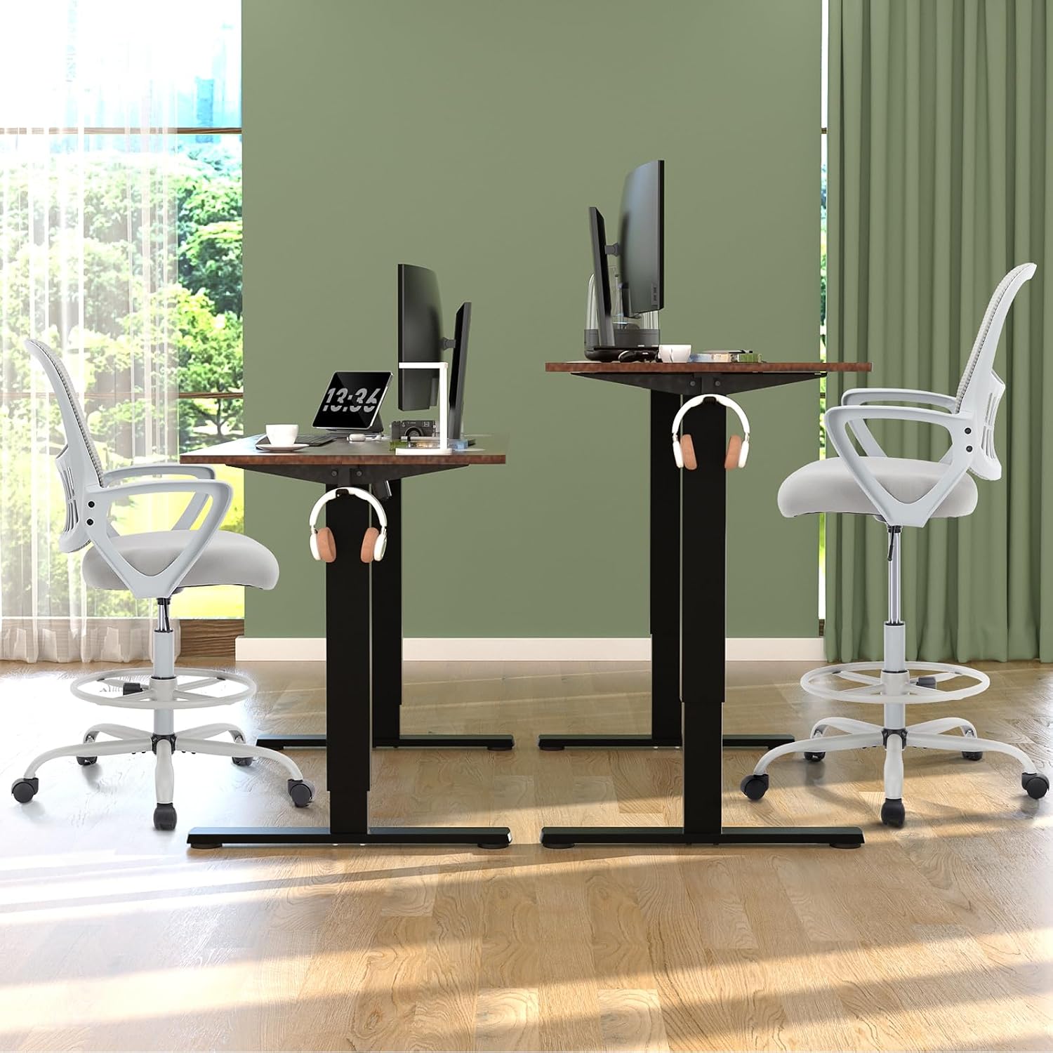 DUMOS Drafting Chair - Ergonomic Tall Office for Standing Desk, Counter with Height Adjustable and Comfortable Lumbar Support, Fixed Armrests, Grey