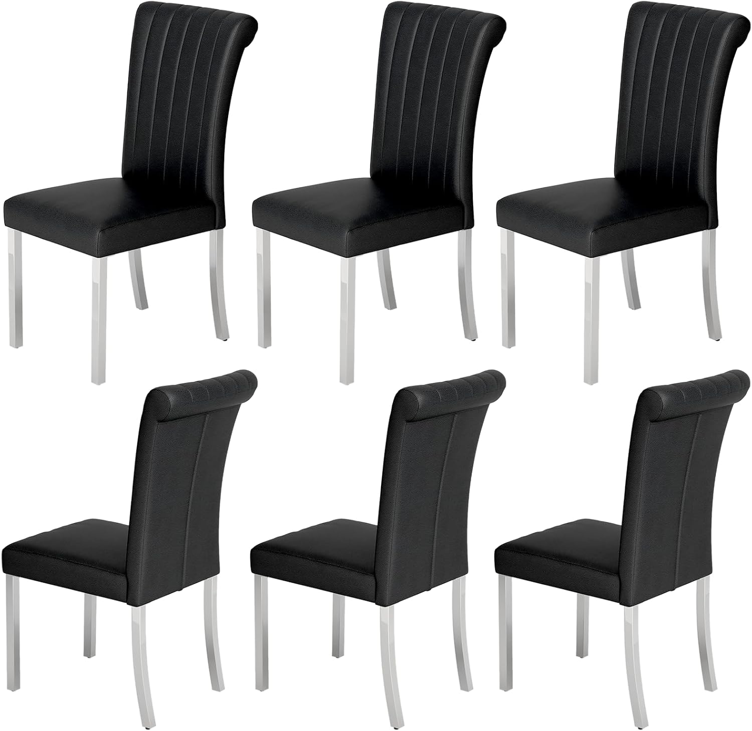 ACEDÉCOR Modern Dining Chairs Set of 6, Black Leather Dining Room Chairs with Silver Stainless Steel Legs, Upholstered Chairs with High Back and Metal Chrome Legs for Kitchen/Living Room/Restaurant