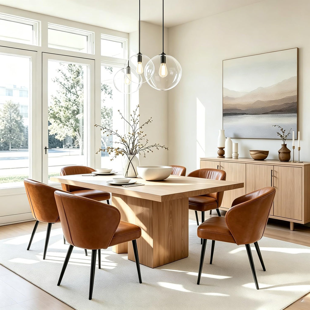 Dining Chairs Set of 2, Caramel Brown Mid-Century Modern Faux Leather Upholstered Chairs, Ergonomic Curved Backrest, Metal Legs, Easy-to-Clean for Kitchen, Dining Room, Living Room