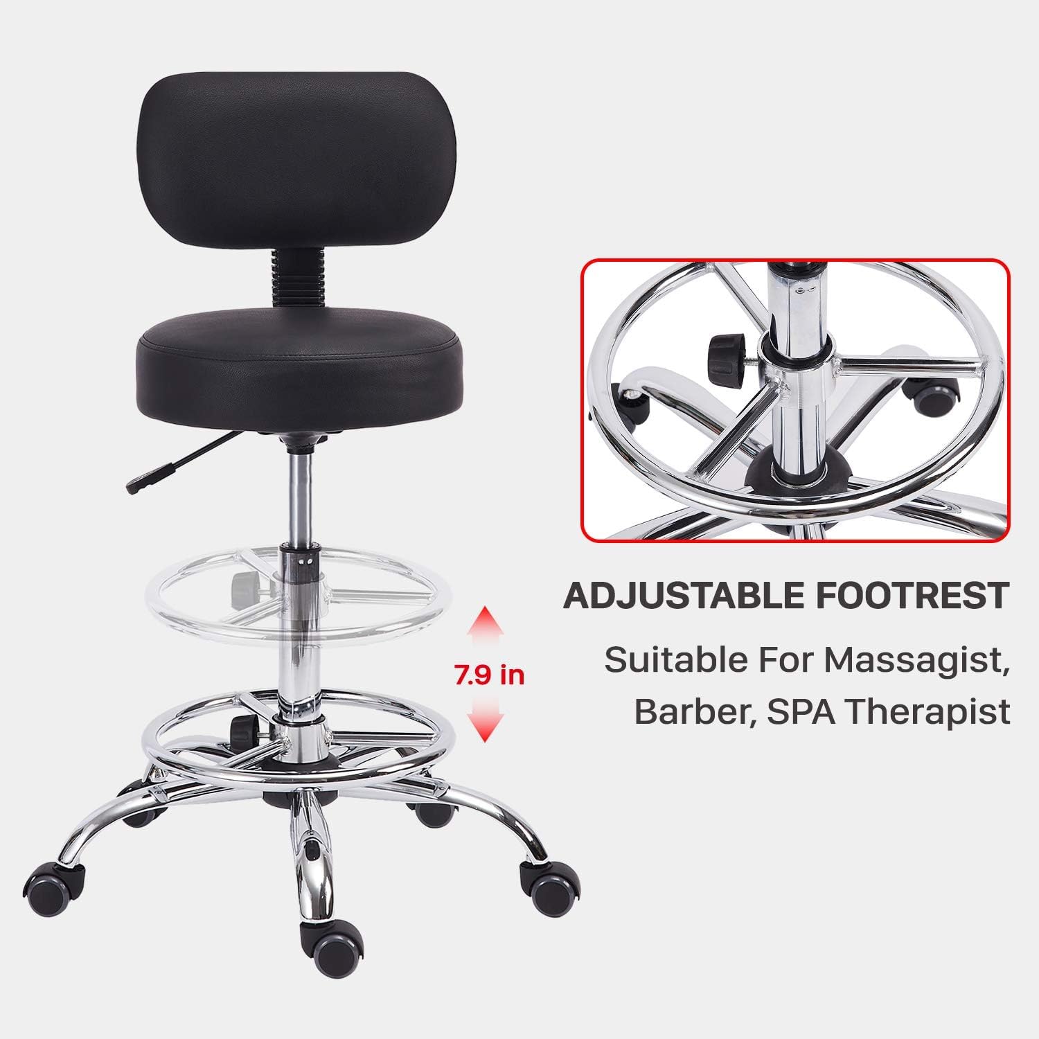 KLASIKA Drafting Swivel Chair with Back Support and Adjustable Footrest Rolling Stool, Multi-Purpose Office Desk Chair for Bar Kitchen Shop, Black
