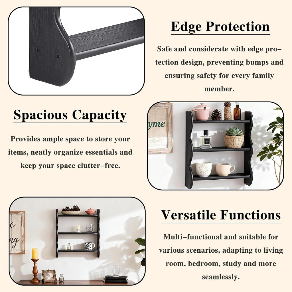 Drink Table,Solid Wood Floating Shelf, Vintage Wall Shelves Wall Mounted Storage Rack 3-Tier,Rattan Round Small Side Table for Small Spaces