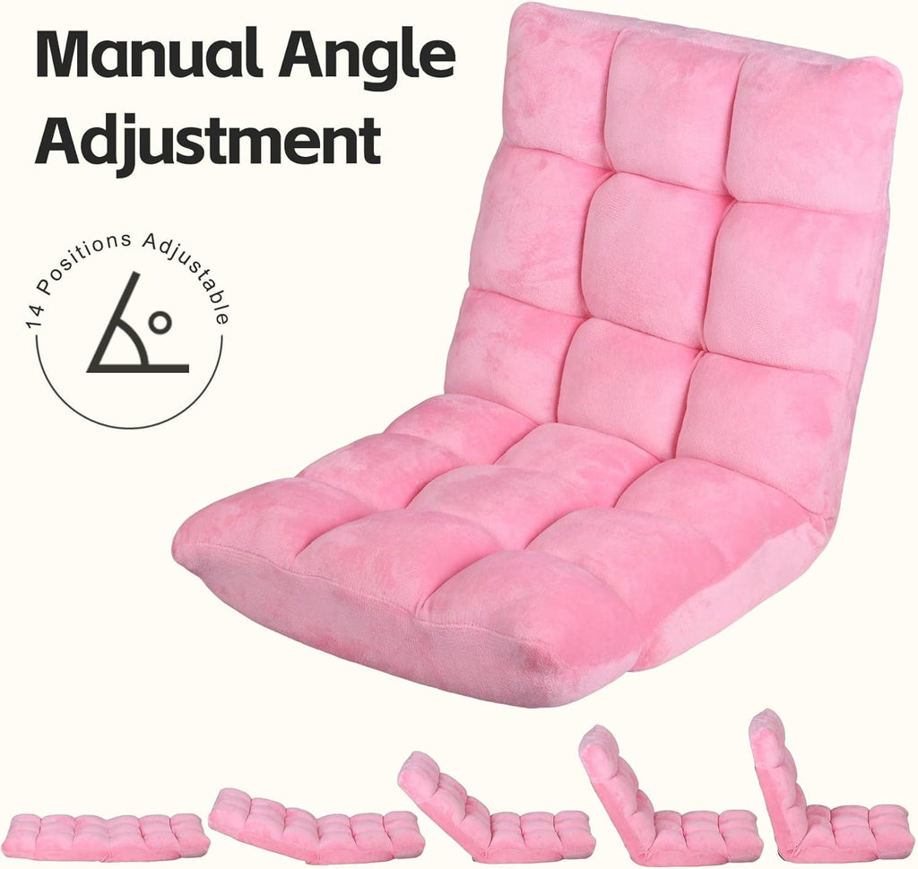 SUPER DEAL 14-Position Folding Floor Chair Gaming Sofa Cushioned Padded Reclining Bed Lounge Couch Seating for Comfy Reading, Reading, Gaming, Relaxing, Watching TV, Pink