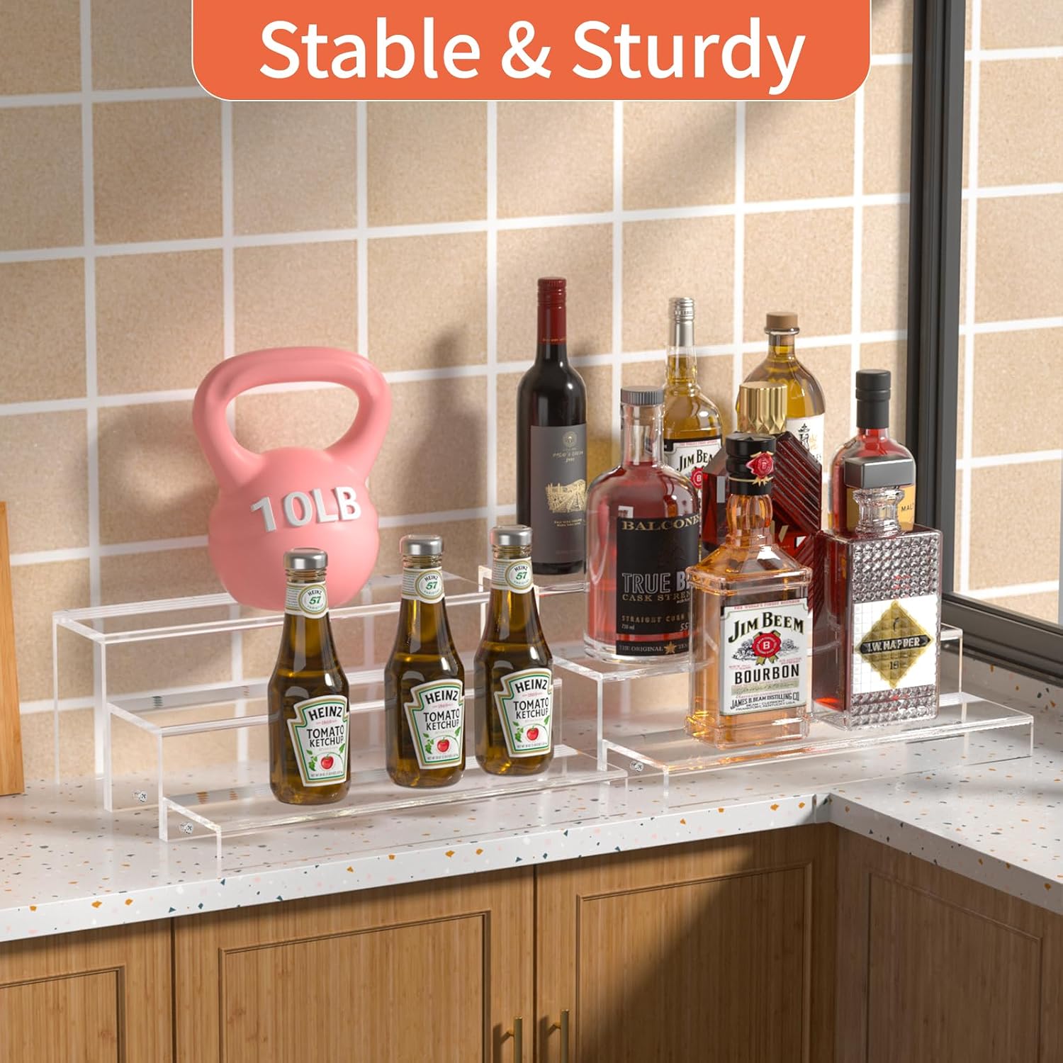 JUESHA 3 Tiers Bar Shelves for Liquor Bottles (Patent: D1076520S) | 15" Bar Organizer for Countertop, Clear Acrylic Risers Display Racks Stands for Figures Pops Cupcake Perfume Collections