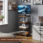 X-cosrack 16.5" Game Console Shelf, Small 4-Tier Video Gaming Consoles Stand with Outlet, Narrow Stereo Cabinet AV Media Stand, Corner Audio Rack for PS5,Xbox,Game Console,TV Box,WiFi Router