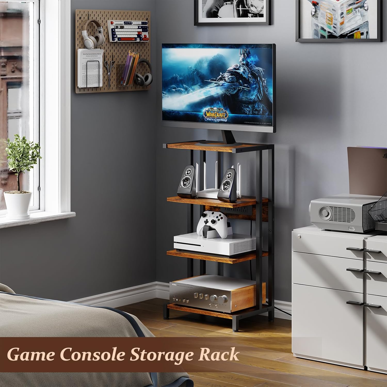 X-cosrack 16.5" Game Console Shelf, Small 4-Tier Video Gaming Consoles Stand with Outlet, Narrow Stereo Cabinet AV Media Stand, Corner Audio Rack for PS5,Xbox,Game Console,TV Box,WiFi Router
