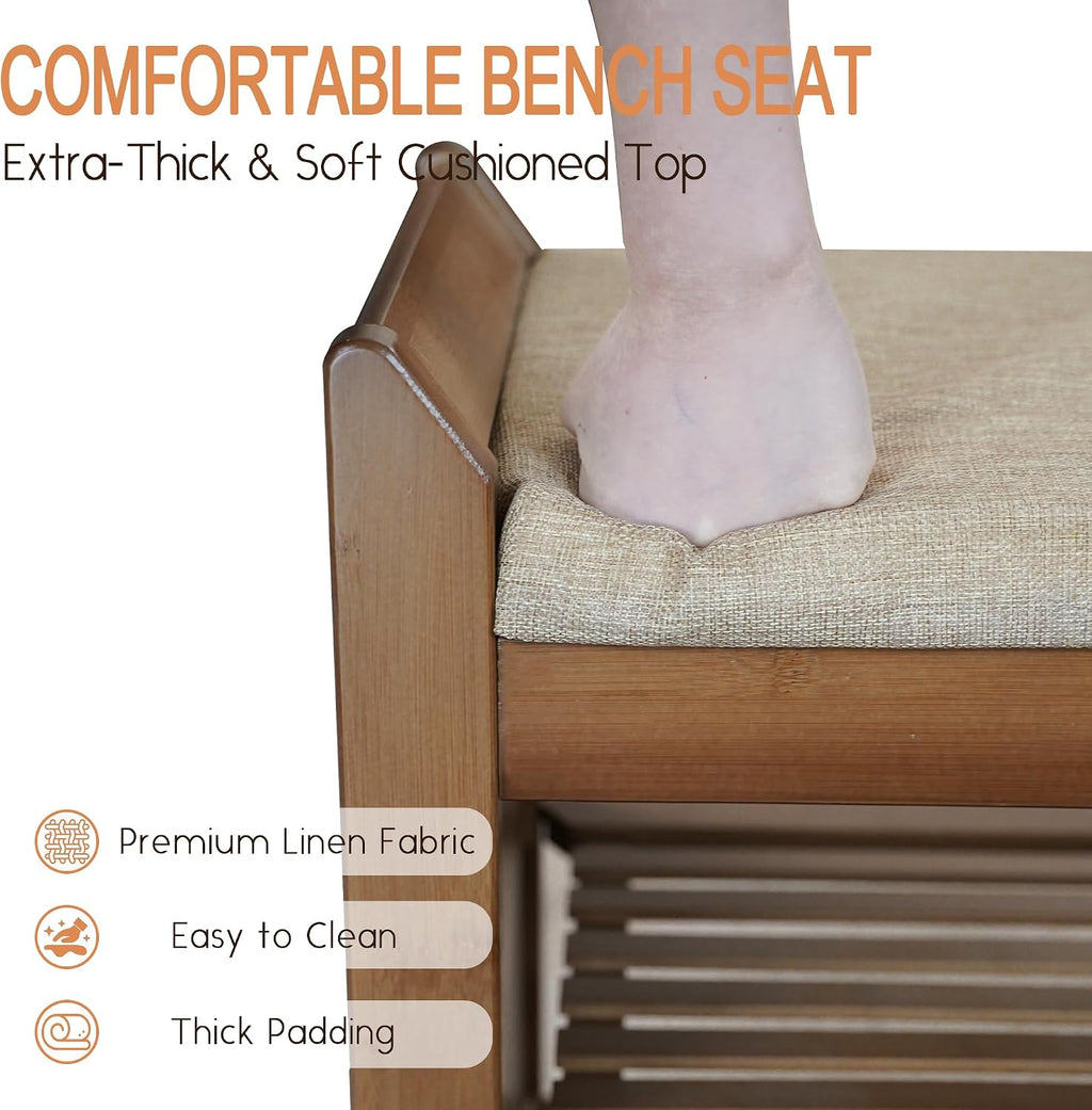 39Inch Bench with Storage, Bamboo Entryway Bench with Drawer & Magazine Rack, Upholstered Cushioned Seat, Shoe Bench for Entryway, Living Room, Bedroom End of Bed (Natural Bamboo)