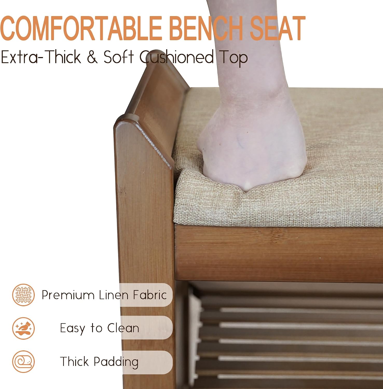 39Inch Bench with Storage, Bamboo Entryway Bench with Drawer & Magazine Rack, Upholstered Cushioned Seat, Shoe Bench for Entryway, Living Room, Bedroom End of Bed (Natural Bamboo)