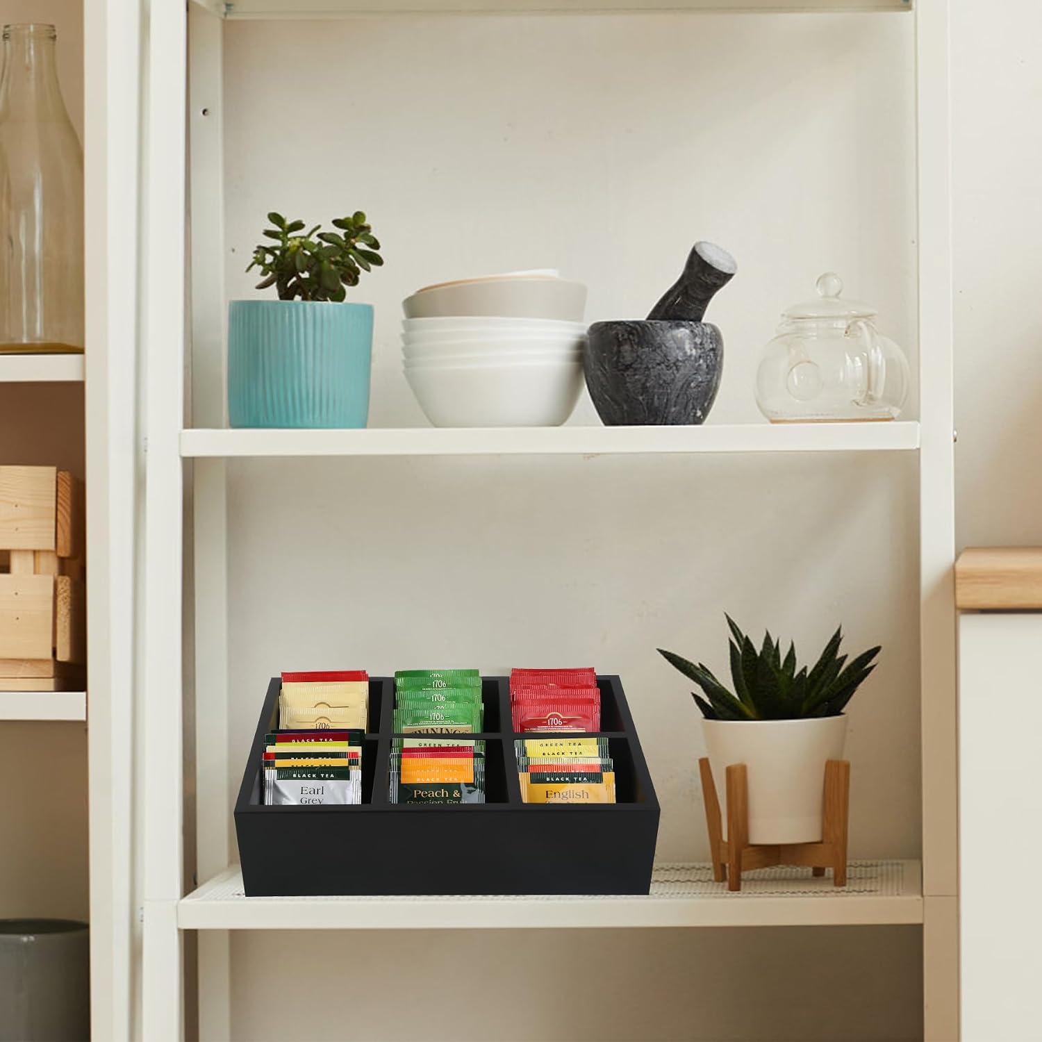 Tea Bag Box Black 6 Compartments Tea Organizer Storage Wood Drawer Station | Tea Bag Holder Large Sugar Packet Holder Coffee Bar Station Sweeteners Condiment Organizer Tea Bag Organizer Caddy