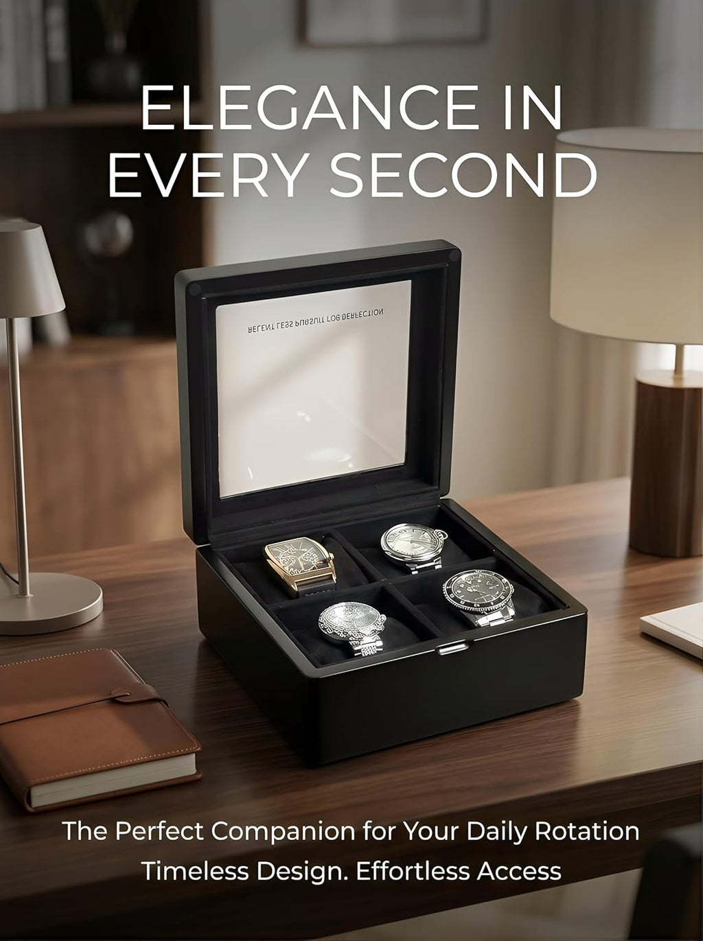 WB814-BK 4-Slot Walnut Wood Watch Box for Men with Glass Lid, Velvet-Lined Solid Wood Timepiece Storage Organizer Gift Idea