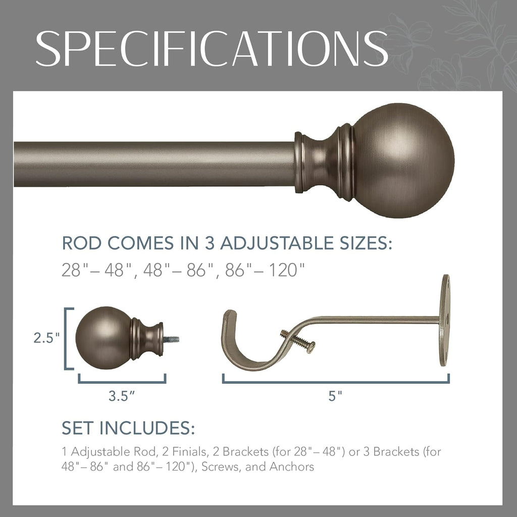 Elrene Home Fashions Cordelia Adjustable Single Curtain Rod with Globe Ball Finials, 1 Inch Diameter, Antique Pewter, 48"-86"