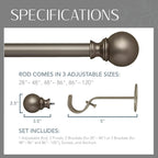 Elrene Home Fashions Cordelia Adjustable Single Curtain Rod with Globe Ball Finials, 1 Inch Diameter, Antique Pewter, 48"-86"
