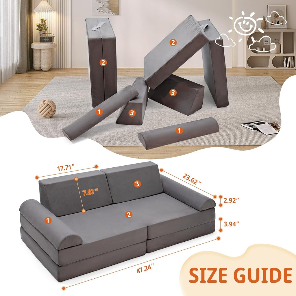 8pcs Modular Kids Couch, Toddler Play Sofa for Playroom Bedroom, Convertible Foam and Floor Cushion for Boys & Girls, Gray