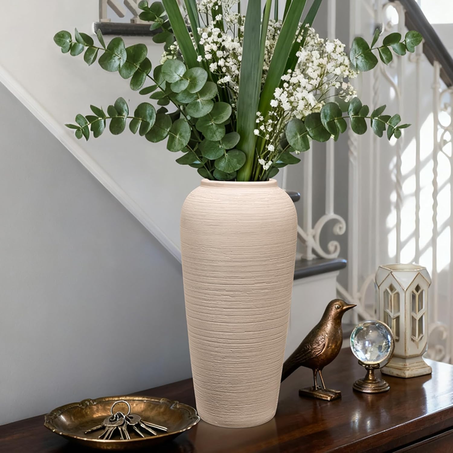 Tall Ceramic Vase 12 Inch Neutral Textured Vase,Cream Ceramic Vase for Home Decor,Farmhouse Tall Ceramic Flower Vase for Dining Table,Living Room,Kitchen,Bedroom,Entryway