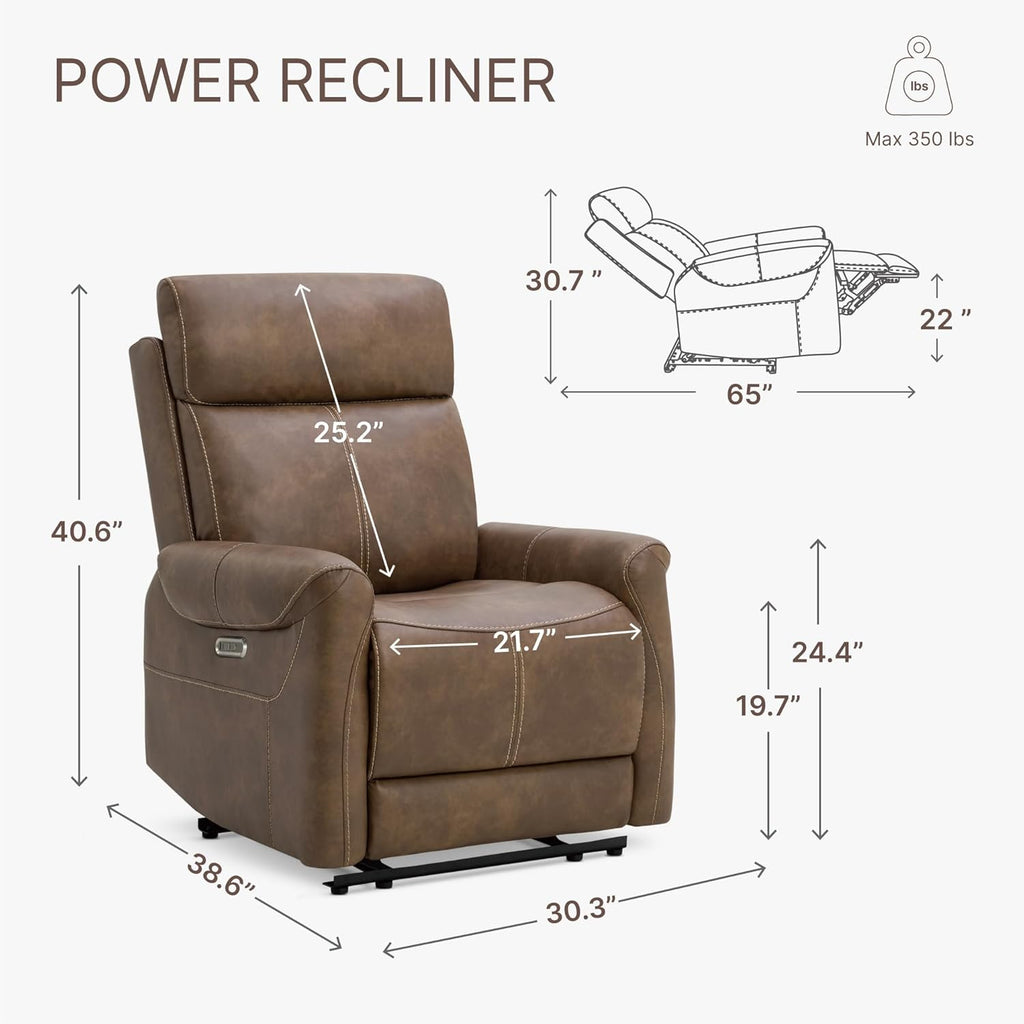KISLOT Leather Recliner Chair for Adults Wall Hugger RV Recliner with USB Charging Ports Electric Power Reclining Sofa for Living Room Home Theater Seating Bedroom