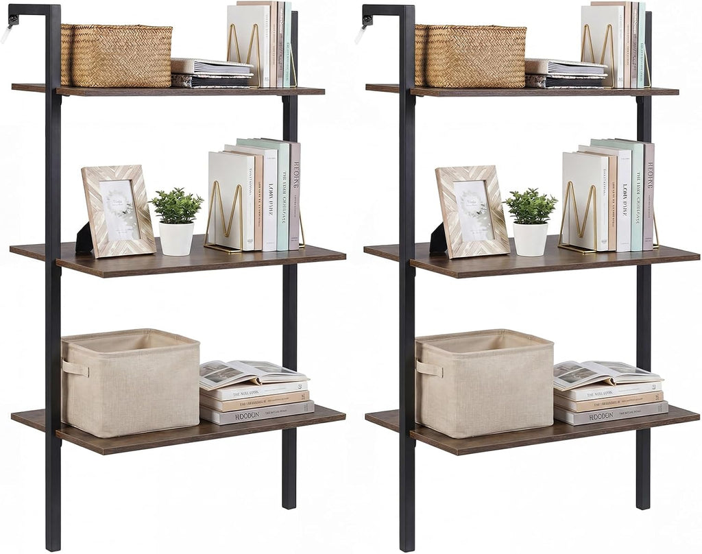 Giantex Ladder Shelf Set of 2, 3-Tier Wood Wall Mounted Bookshelf with Metal Frame, Industrial Open Storage Rack and Display Shelves, Wooden Floating Shelving Unit for Living Room, Office
