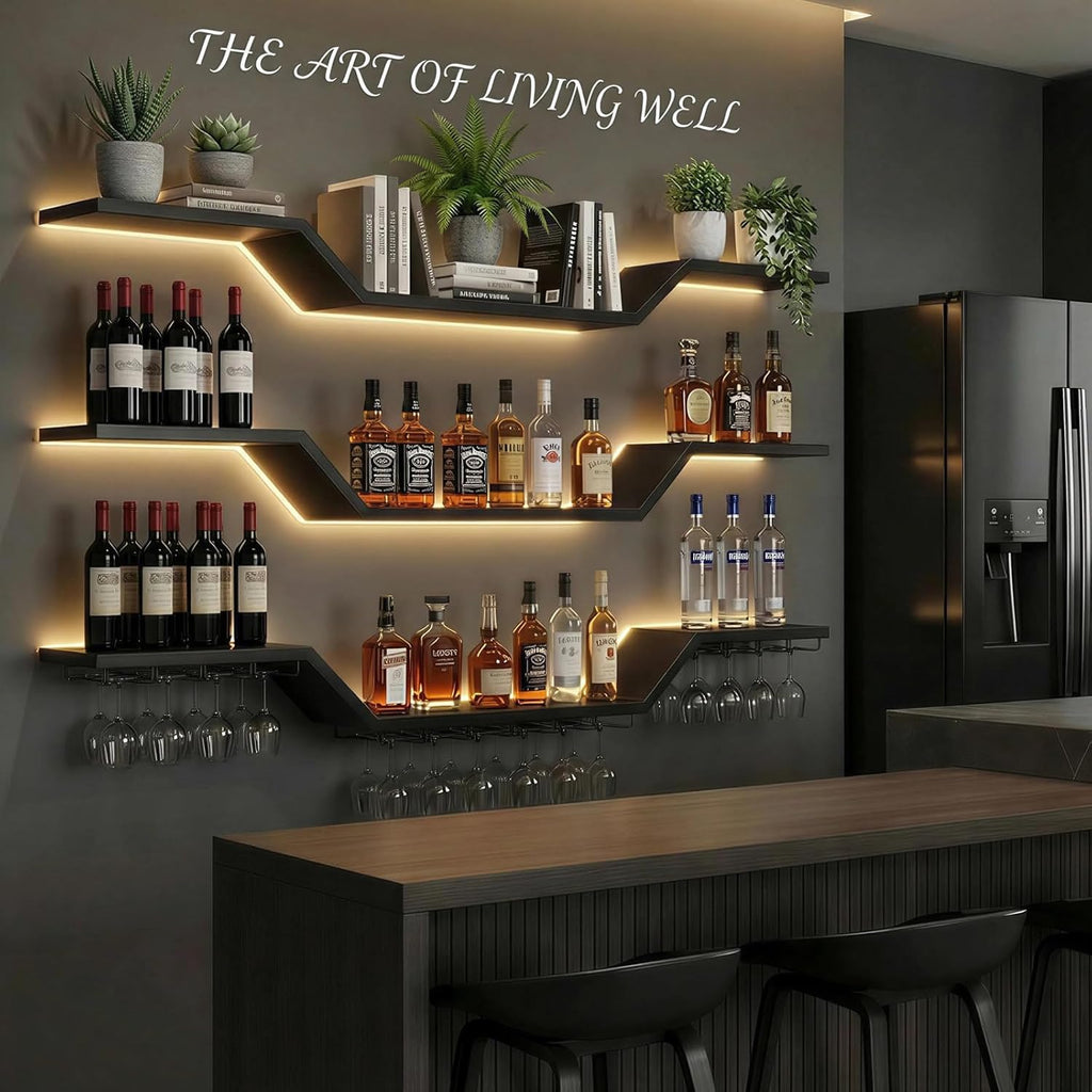 47.2-inch/120cm Metal Wall Mount Wine Rack, 3-tiers Modern Wall Bar Shelf with Wine Glass Rack, Floating Liquor Shelf with LED Lights, Bottle Display Wine Storage Shelves for Home Bar Coffee Shop