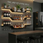 47.2-inch/120cm Metal Wall Mount Wine Rack, 3-tiers Modern Wall Bar Shelf with Wine Glass Rack, Floating Liquor Shelf with LED Lights, Bottle Display Wine Storage Shelves for Home Bar Coffee Shop