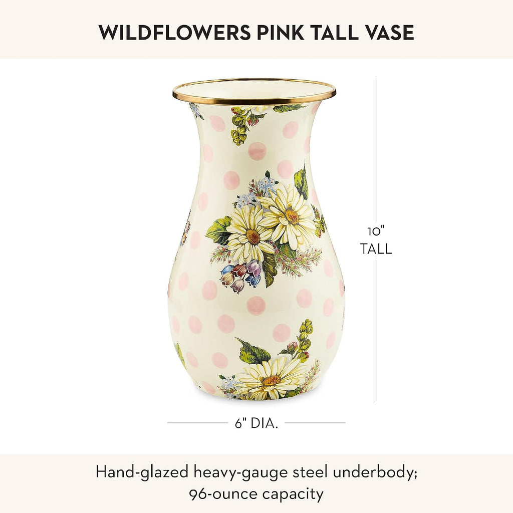 MACKENZIE-CHILDS Tall Enamel Vase, Unique Flower Vase Decor for Living Room, Wildflowers Pink