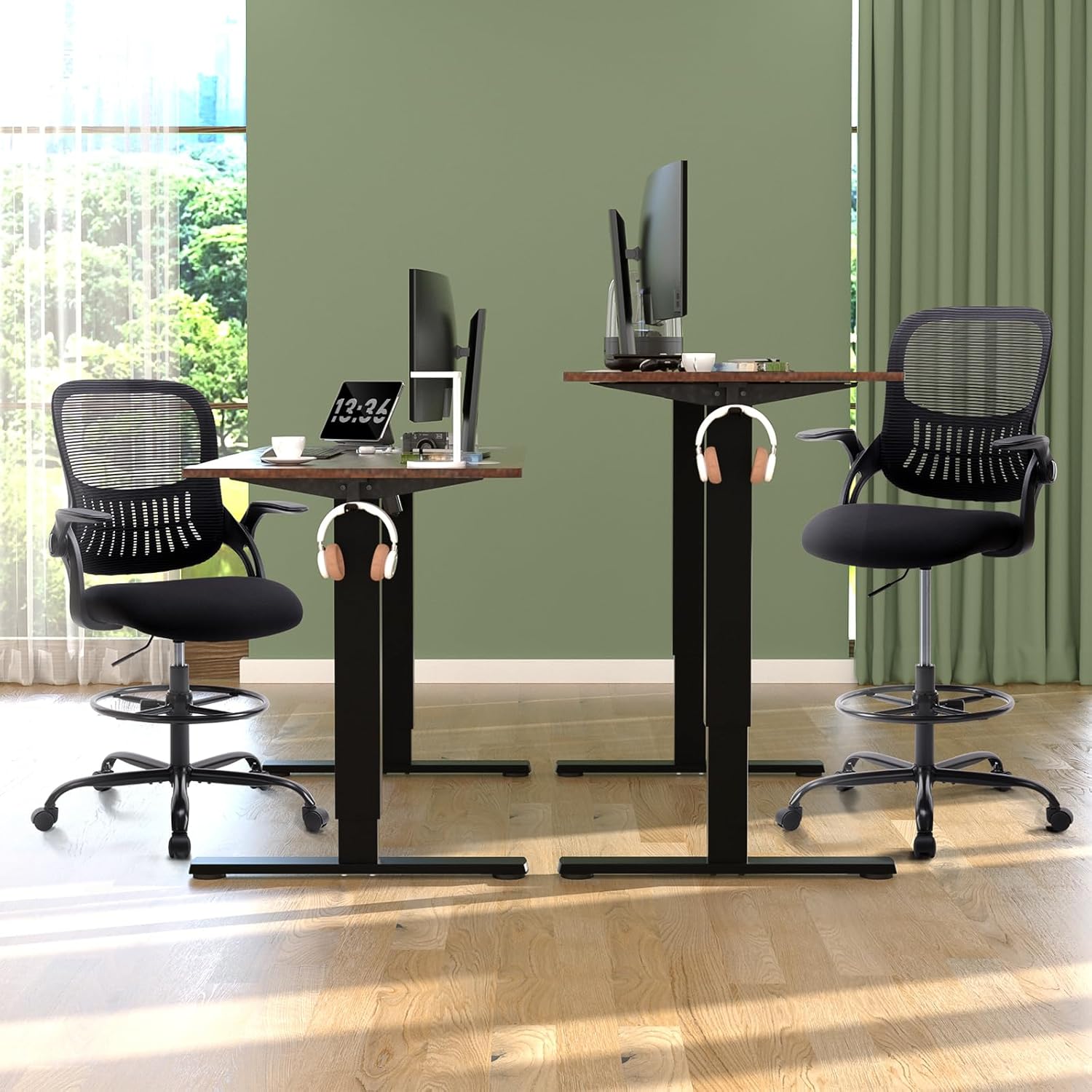DUMOS Drafting Chair with Flip-up Arms, Tall Office Standing Desk Chair with 360° Swivel Rolling Wheels, Counter Height Adjustable, High Ergonomic Mesh Computer Chairs, Ink