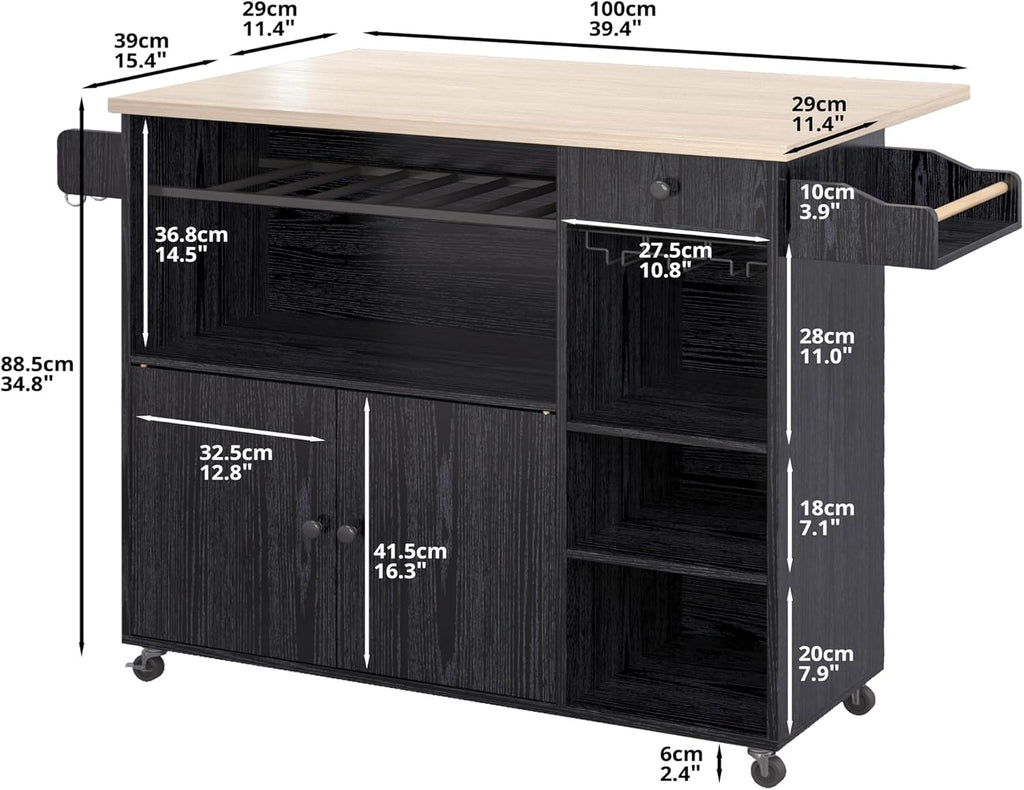 IRONCK Rolling Kitchen Island Cart with Drop-Leaf and Wine Rack, Microwave Rack Serving Cart on Wheels with Drawer & Shelves & Spice Rack & Cup Hanging, Black
