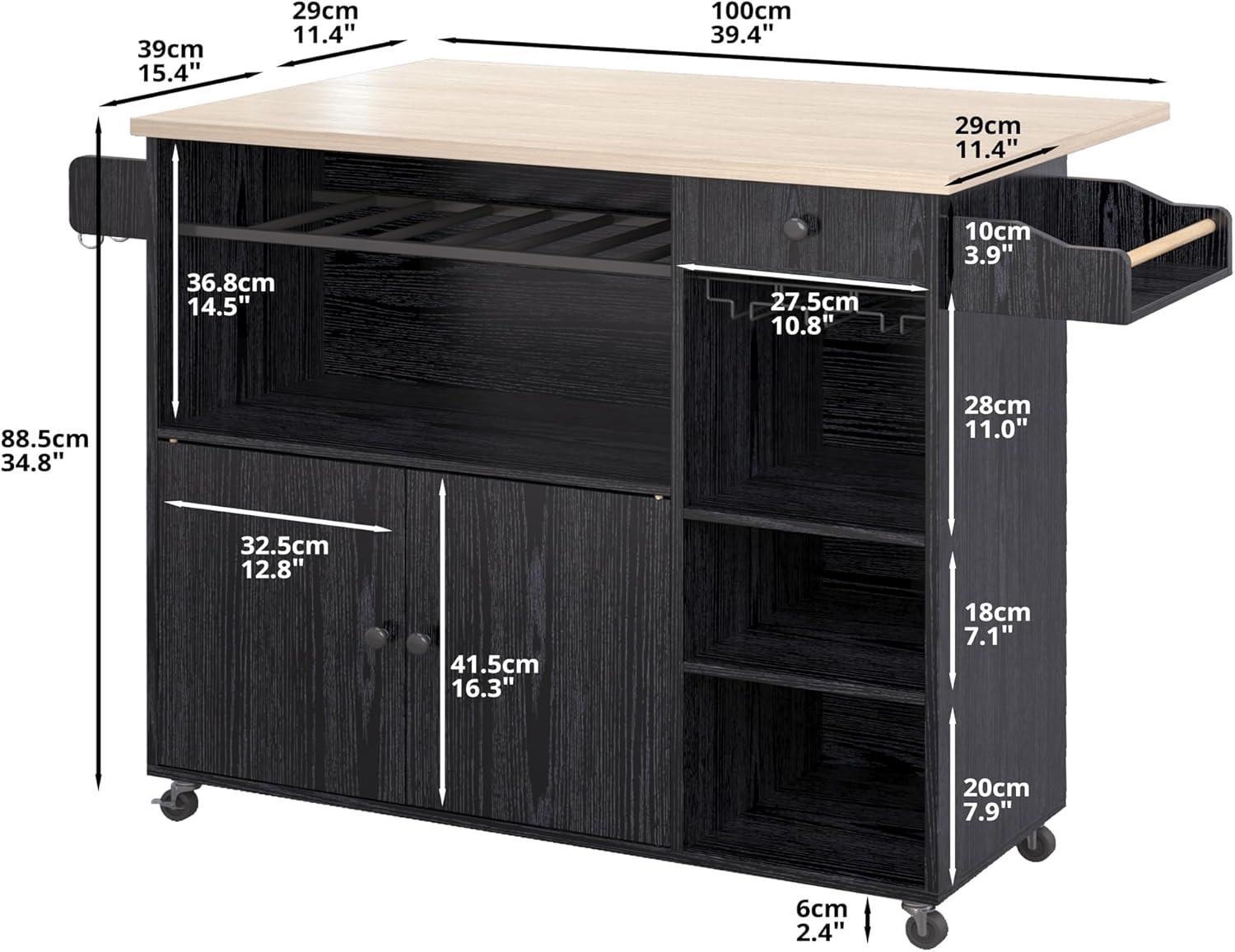 IRONCK Rolling Kitchen Island Cart with Drop-Leaf and Wine Rack, Microwave Rack Serving Cart on Wheels with Drawer & Shelves & Spice Rack & Cup Hanging, Black