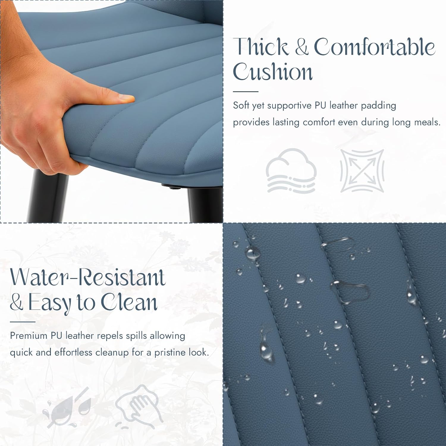 Mid-Century Modern Dining Chairs Set of 2, PU Leather Kitchen Chairs with Soft Cushion and Metal Legs, Upholstered Armless Accent Chair Side Chair for Dining Room/Guest/Reception Room/Cafe (Blue)