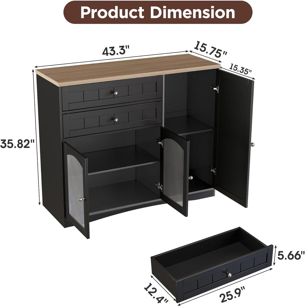 FiveWillowise Farmhouse Buffet Sideboard Cabinet, Black Storage Cabinet with Barn Doors and Drawers, Fluted Glass Doors & Adjustable Shelves, Coffee Bar with Storage for Kitchen, Living Room