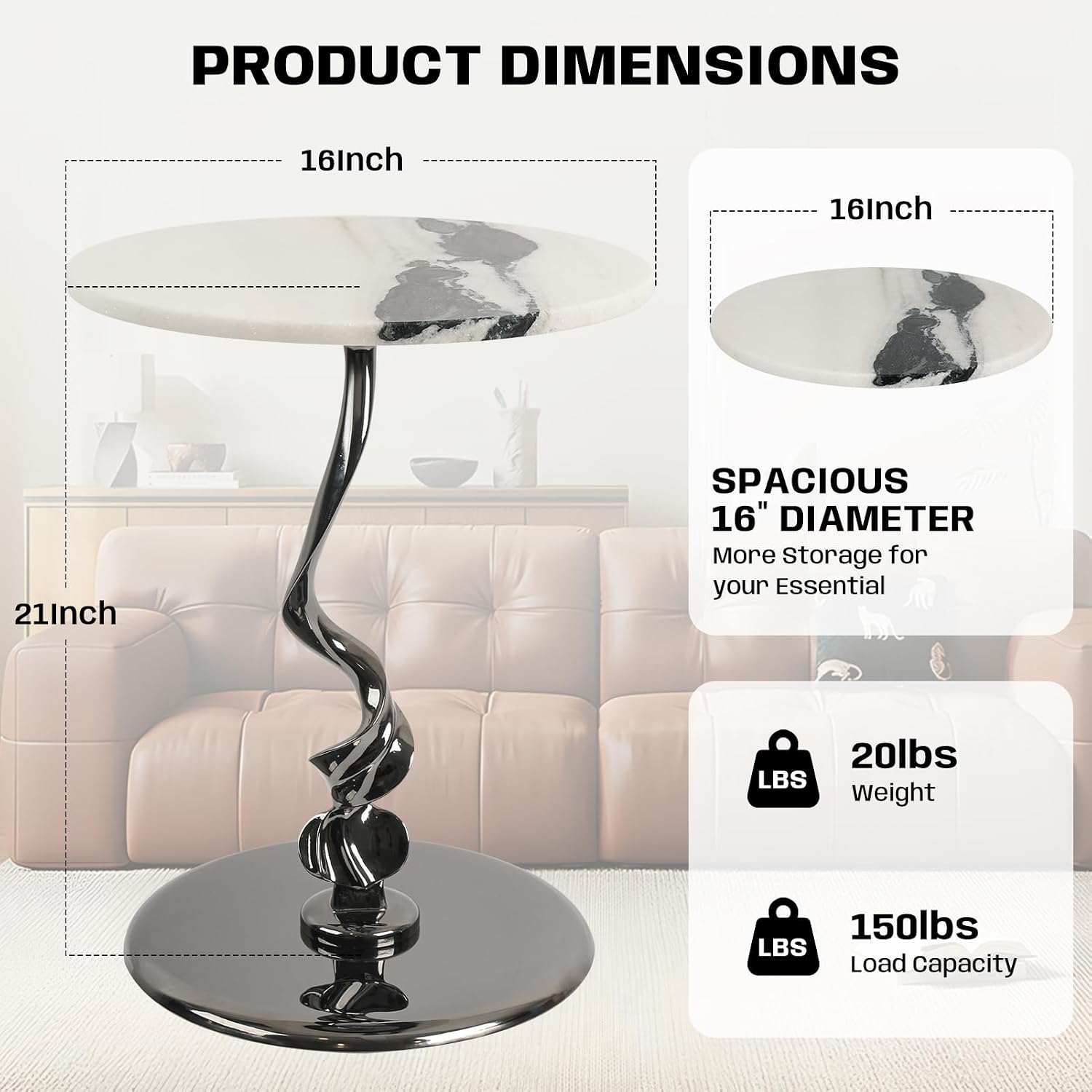 Round Marble Side Table 16 Inch Pedestal End Table for Living Room | natural marble top stainless steel base easy to assemble coffee table plant stand decorative accent