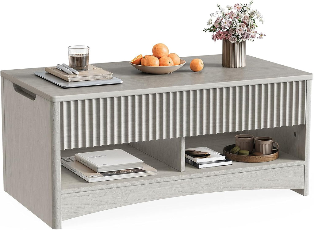 Marsail Lift-Top Coffee Table, Fluted Center Table with Hidden Compartments, Smooth Lifting & Space-Saving Design, Versatile Wood Coffee Table for Living Room and Office, Grey