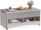Marsail Lift-Top Coffee Table, Fluted Center Table with Hidden Compartments, Smooth Lifting & Space-Saving Design, Versatile Wood Coffee Table for Living Room and Office, Grey