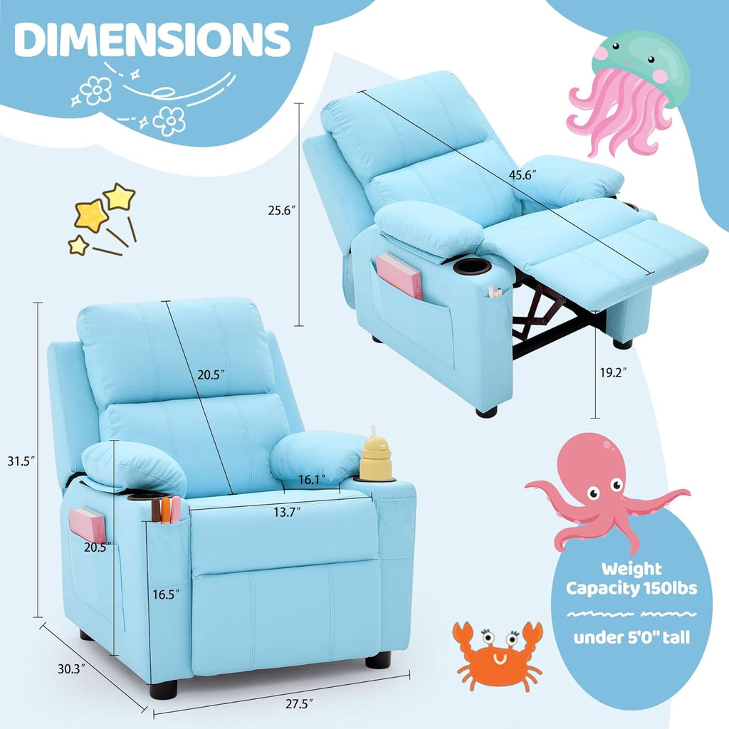 Korser Kids Recliner Chair, PU Leather Toddler Recliner with Cup Holder, Kid Recliner Sofa with Footrest, Push Back Child Reclining Chair with Side Pockets for Children Boys Girls Room, Blue