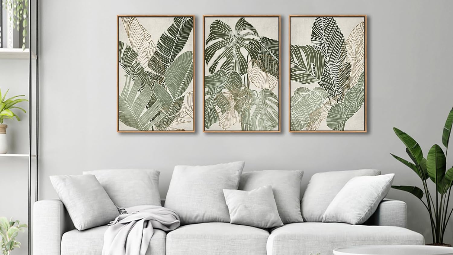 Large Framed Canvas Wall Art - Natural Float Framed Green Plantain Leaves Pictures Decor Brown Leaf Lines Painting Prints Rustic Botanical Artwork for Bedroom Living Room Decoration 60" X 28" Set of 3