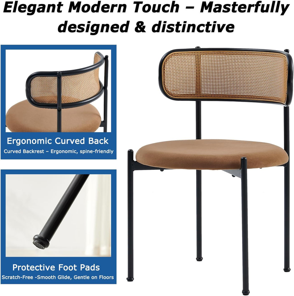 Brown Rattan Dining Chairs Set of 4, Mid-Century Modern Chair with Boucle, Kitchen Dining Room Chairs for Living Room with Metal Legs, Round Upholstered Sherpa