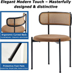 Brown Rattan Dining Chairs Set of 4, Mid-Century Modern Chair with Boucle, Kitchen Dining Room Chairs for Living Room with Metal Legs, Round Upholstered Sherpa