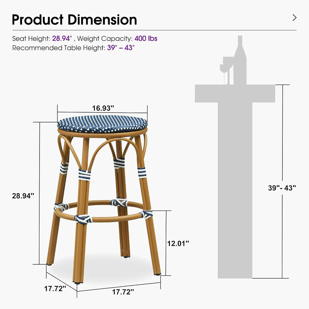 PURPLE LEAF Outdoor French Round 30" Bar Stool Set of 2 Oversized Backless Stackable Bar Chairs with Rattan Wicker Bamboo Print Aluminum Frame for Patio Island Poolside Bistro Deep Blue