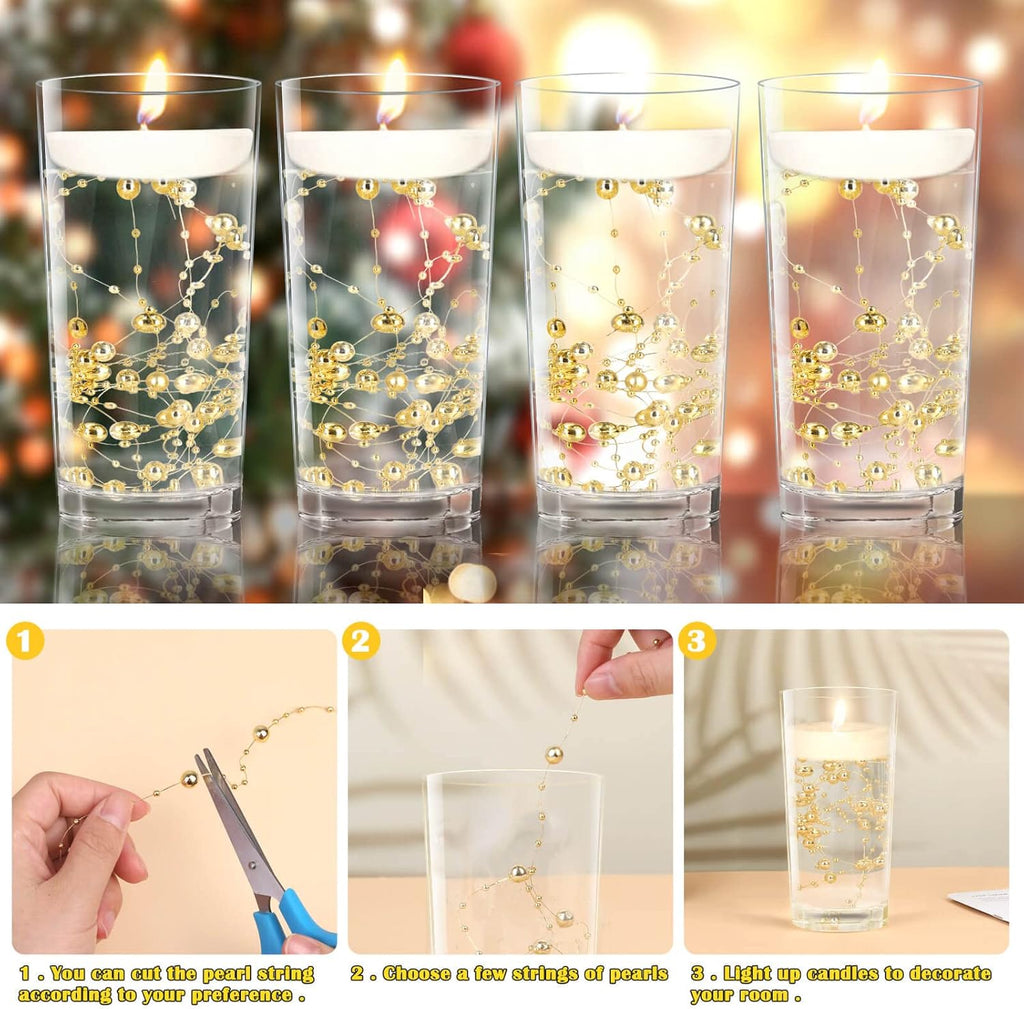 Billbotk 30 Pieces Floating Pearls Beads String for Floating Candles, Gold Vase Fillers for Centerpieces Faux Pearls Beads String for Wedding Celebration Party Decor