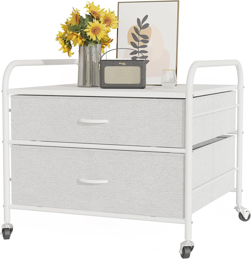 2 Drawer Dresser, 120LBS Fabric Storage Tower, 2 Drawer Storage Cart, Mini Fridge Stand with Storage, Metal Frame Iron Top, 4 Swivel Wheels for Home Kitchen, White