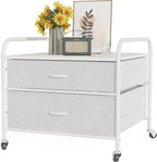 2 Drawer Dresser, 120LBS Fabric Storage Tower, 2 Drawer Storage Cart, Mini Fridge Stand with Storage, Metal Frame Iron Top, 4 Swivel Wheels for Home Kitchen, White