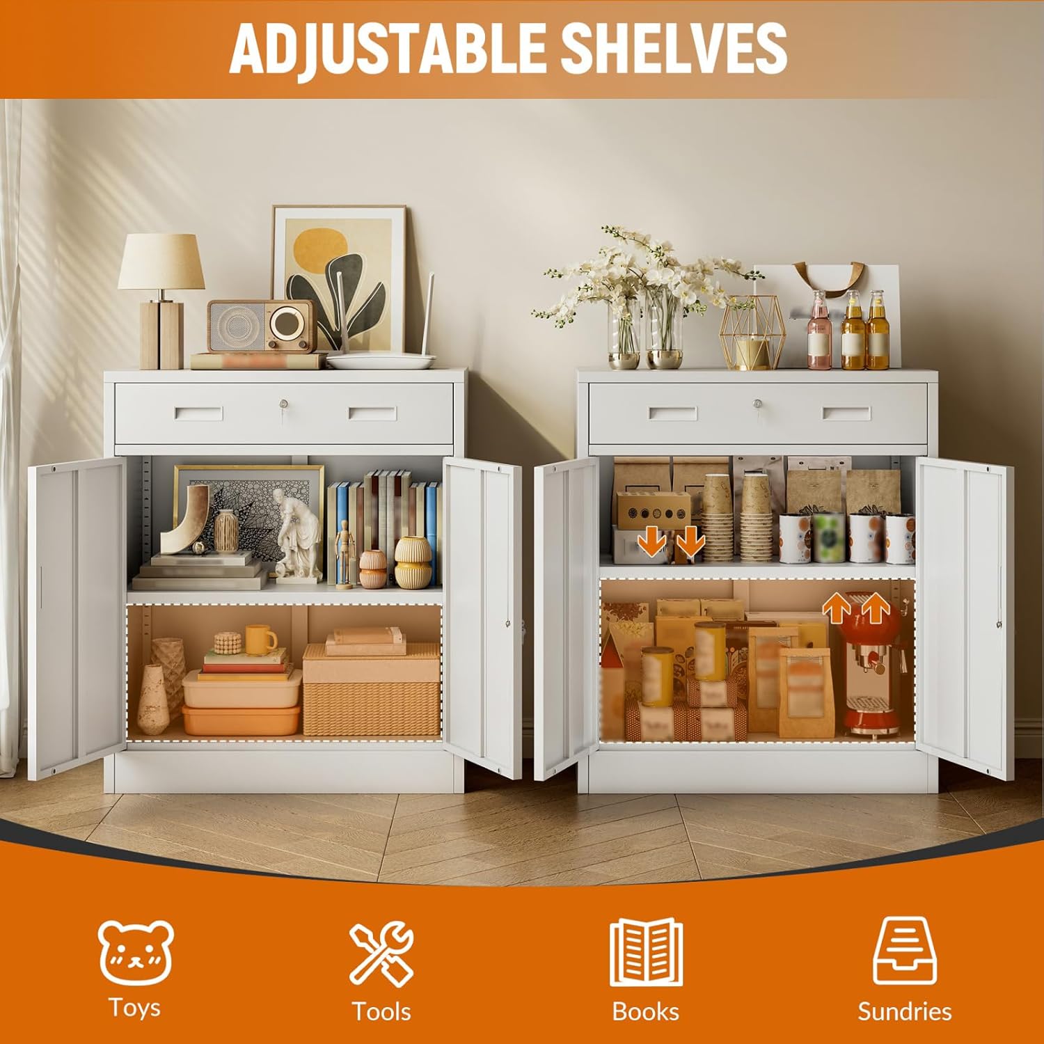 BESFUR Metal Storage Cabinet, Garage Storage Cabinet with One Drawer and Adjustable Shelf, Locking Short Storage Cabinet for Office Garage Home, White Metal Cabinets(36" H x 27.5" W x 16" D)