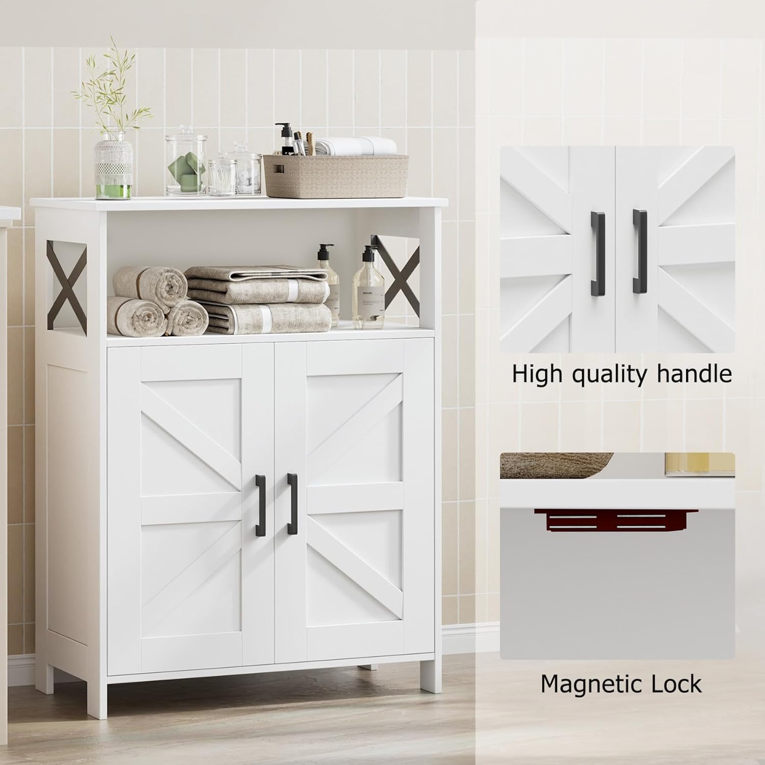 Homhedy Farmhouse Bathroom Storage Cabinet with Doors, Small Floor Cabinet | Toilet Paper Cabinet with Adjustable Shelf, Freestanding Storage Cabinet for Kitchen/Laundry/Living Room, 24"W, White