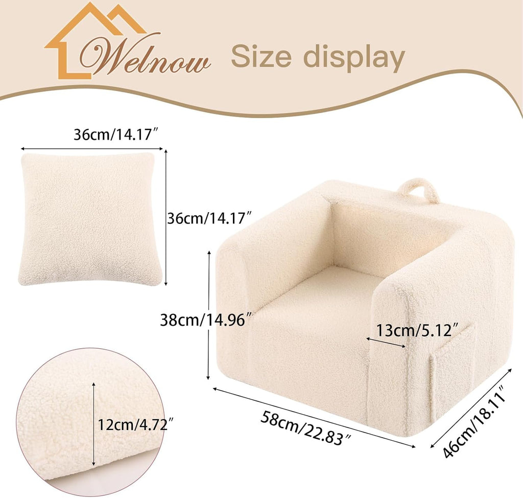 Welnow Kids Sofa with Pillow, Cozy Toddler Chair Soft Foam Seat for Reading, Children's Couch with Armrest Lightweight Comfy Kids Furniture for Bedroom, Playroom for Boys and Girls, Sherpa Beige