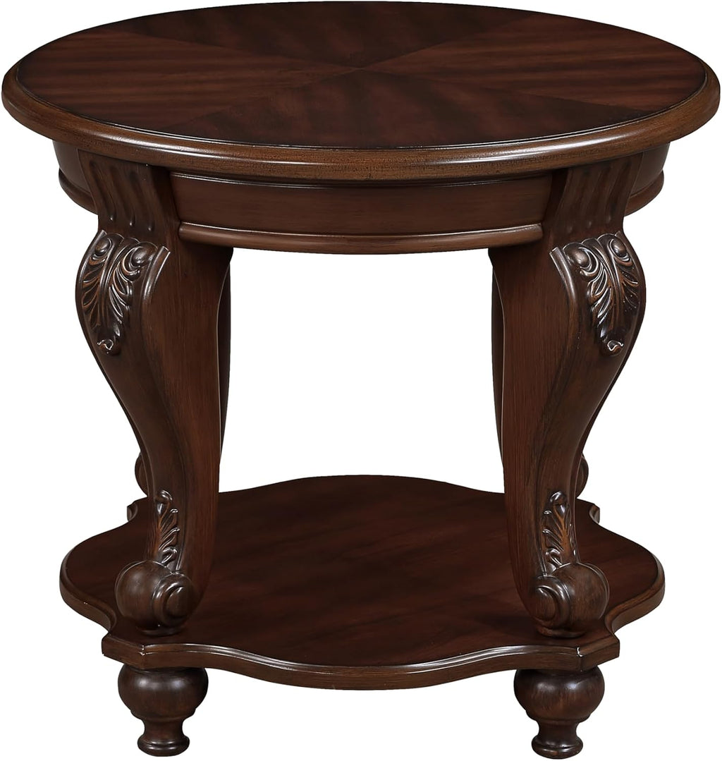 22'' Retro Round End Table,Solid Wood Sofa Side Table with Shelf,Living Room Corner Table Easy Assemble,Cherry