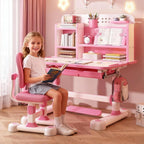 Kids Desk and Chair Set - Adjustable Height Small Desks, Widened Desktop, Kids Study Desk with Drawer & Multi Separation Cartoon Pattern, Small Standing Desks Pink