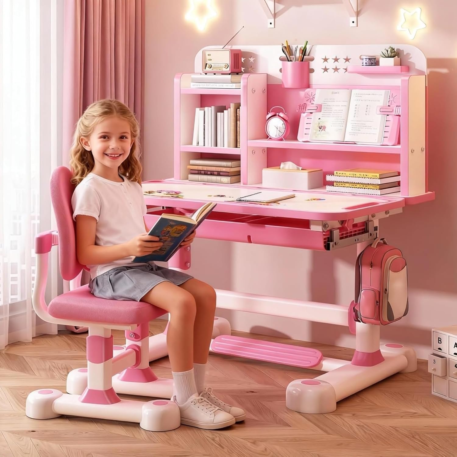 Kids Desk and Chair Set - Adjustable Height Small Desks, Widened Desktop, Kids Study Desk with Drawer & Multi Separation Cartoon Pattern, Small Standing Desks Pink