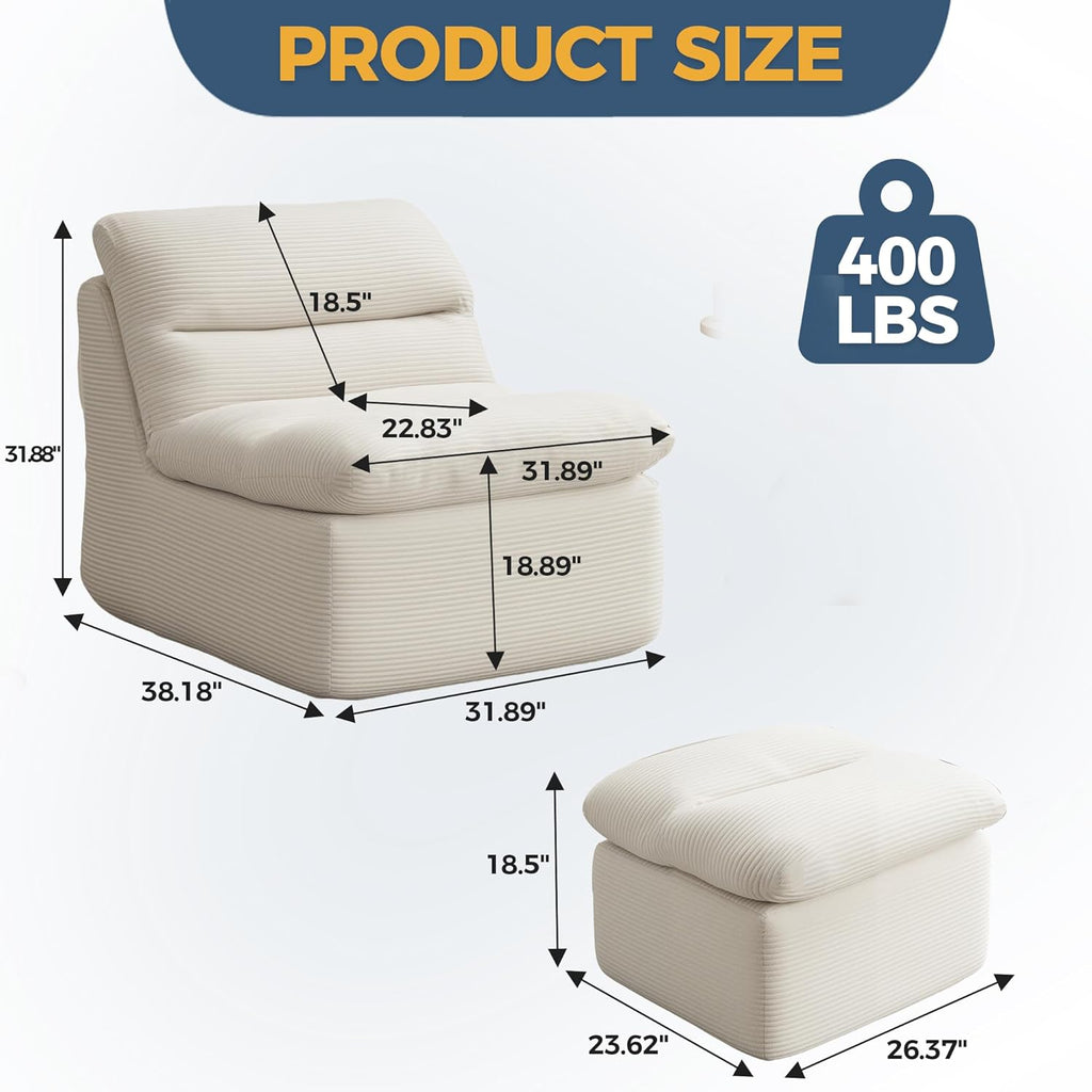 38" Bean Bag Chair with Ottoman, Big Corduroy Chaise Lounge Chairs for Adults, Tufted Upholstered Lazy Sofa for Living Room, Bedroom, Balcony, Beige