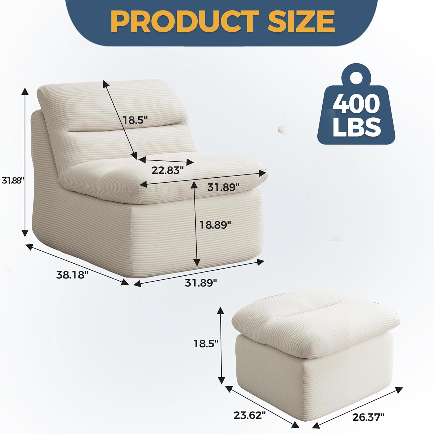 38" Bean Bag Chair with Ottoman, Big Corduroy Chaise Lounge Chairs for Adults, Tufted Upholstered Lazy Sofa for Living Room, Bedroom, Balcony, Beige
